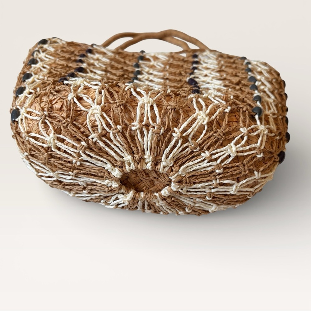 J. Crew Sedona Beaded Basket Bag Tan and White Woven Tote Straw New - Picture 2 of 10